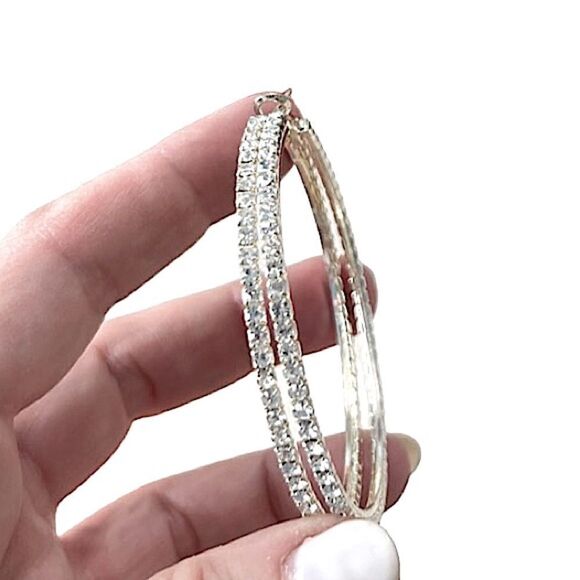Double Oversized Rhinestone 2.5” Hoop Earrings Silver tone - Picture 1 of 9